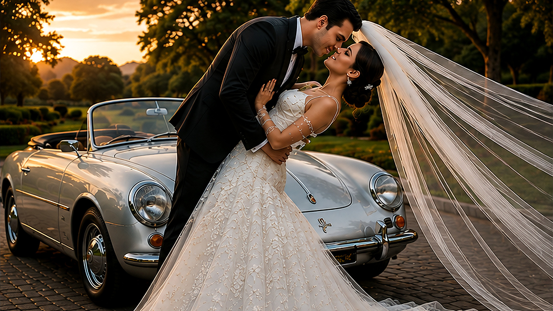 Novios junto al Porsche clásico plata al atardecer