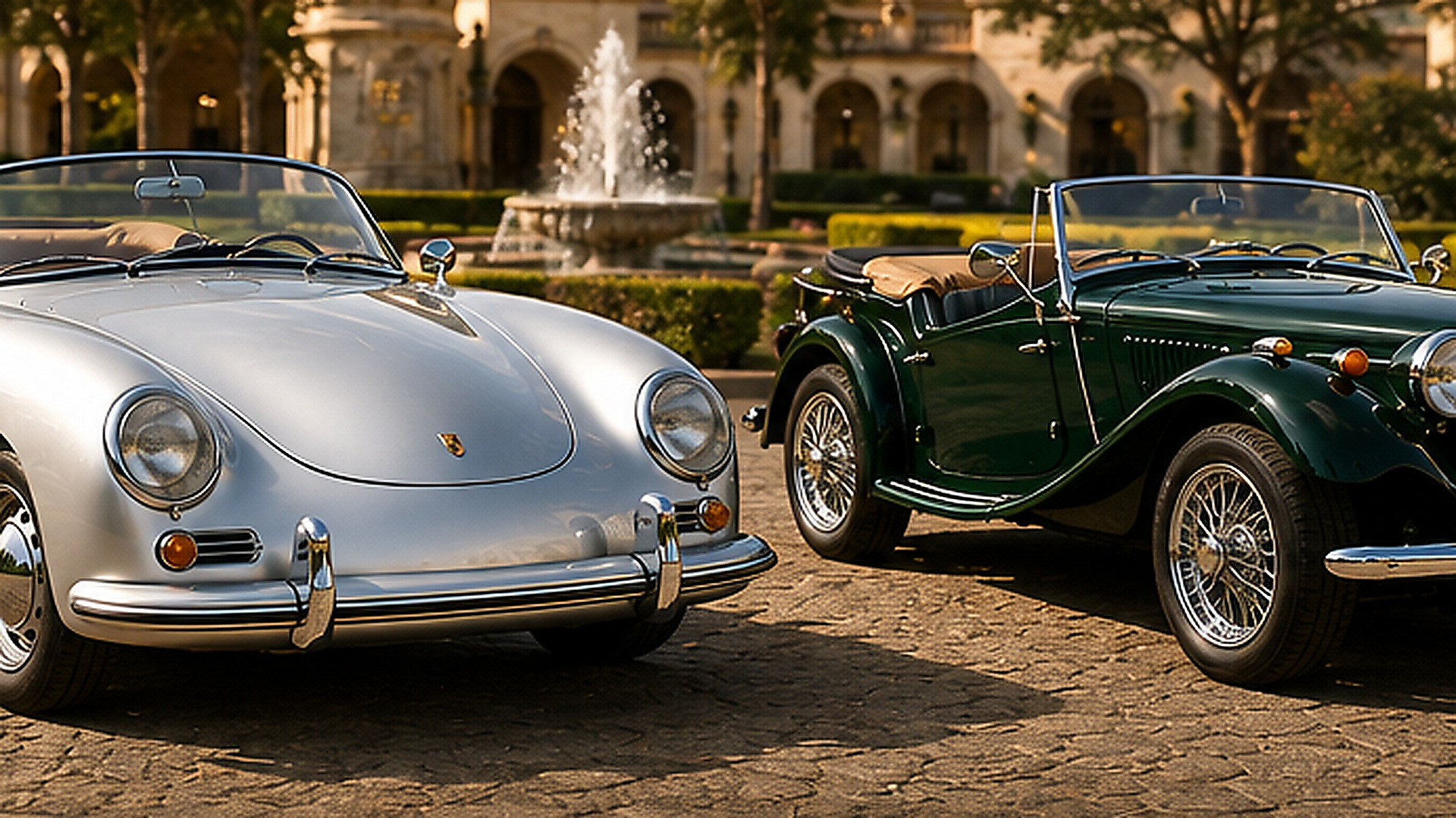 Porsche plata y MG verde en una locación elegante