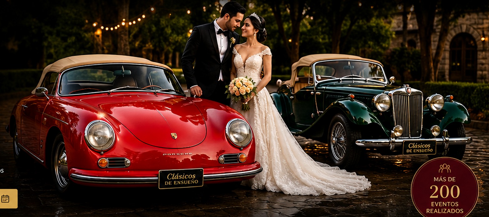 Novios junto al Porsche rojo y MG verde de Clásicos de Ensueño
