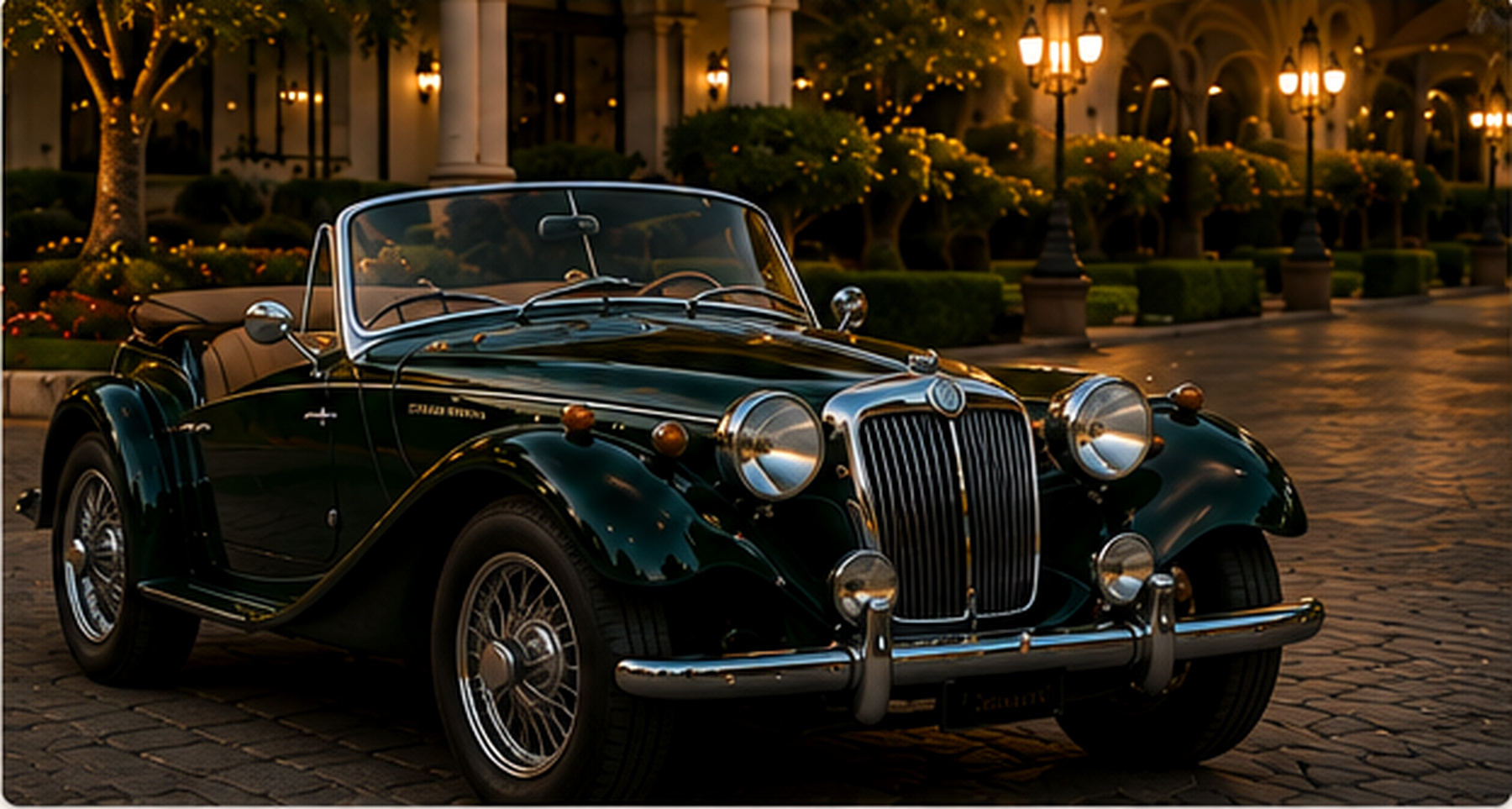 MG clásico verde en una locación elegante de noche