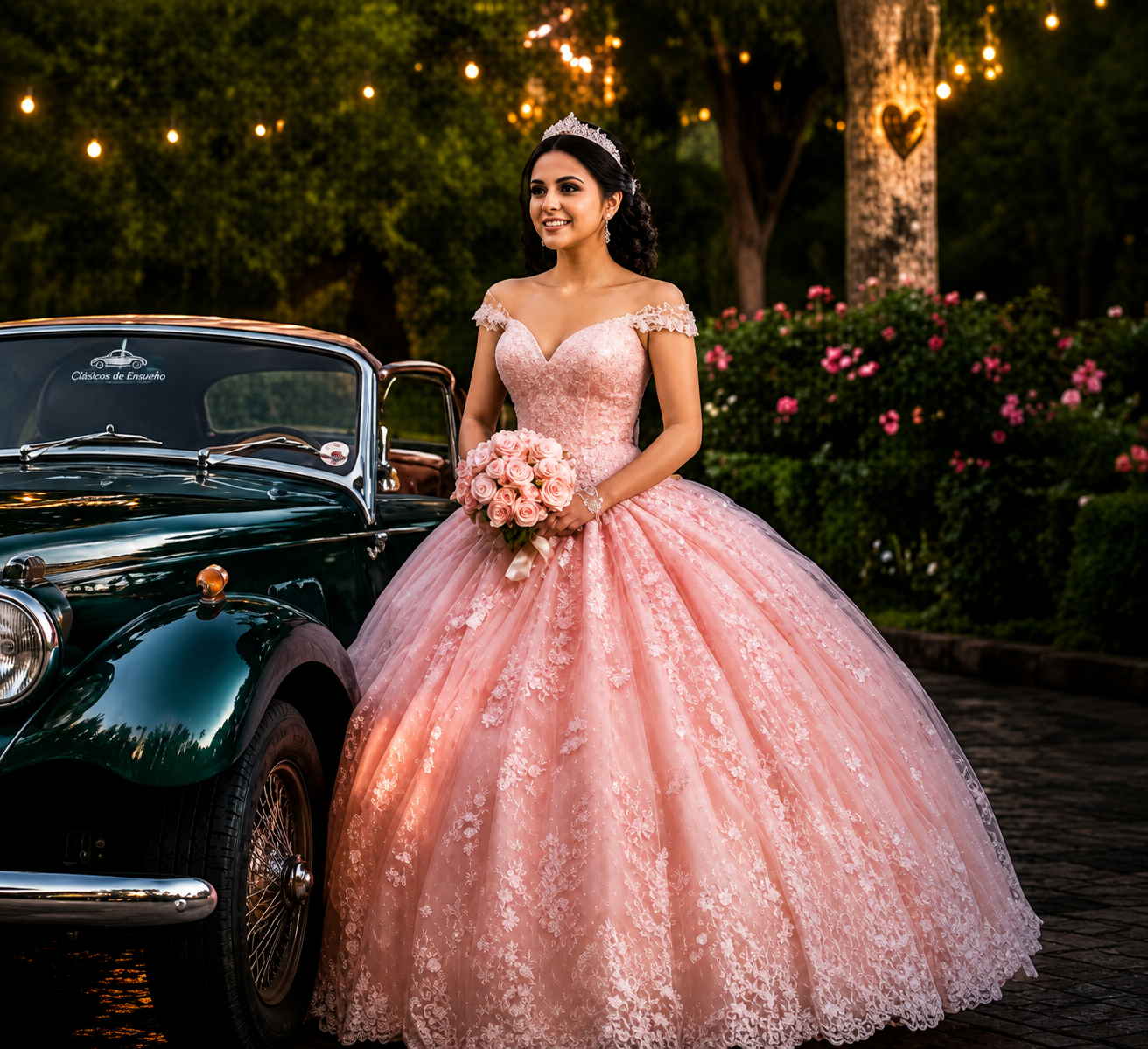 Quinceañera junto al MG verde